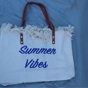 Summer Vibes Canvas Tote Bag Beach Bag White Navy. NWT